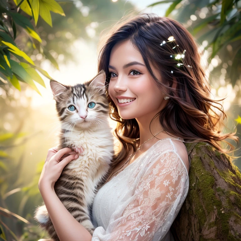 ((((masterpiece))), best quality, illustrations, beautiful details glow,tree-woman, Mother Earth, smiling sunshine mix, holds a kitten