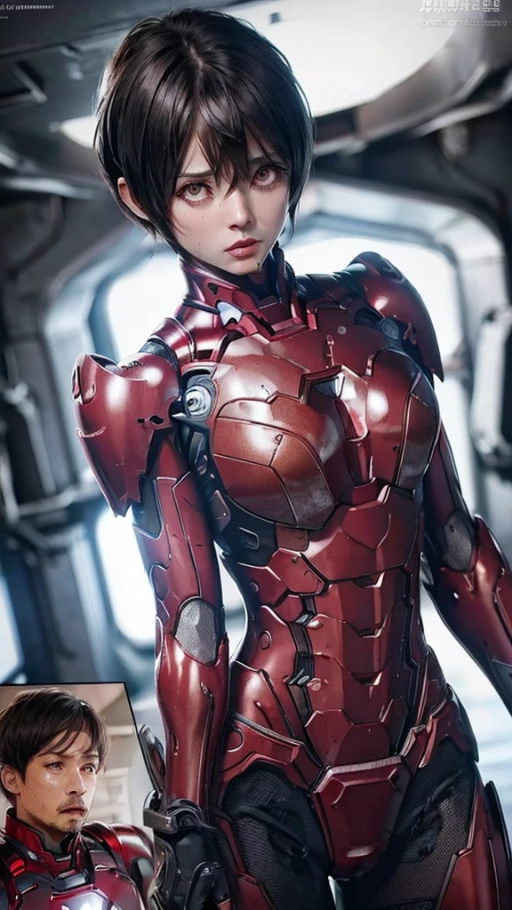 Highest quality　8k red armor　Iron Man Suit　Middle-aged women　　Sweaty face　　short hair　　Steam coming out of my head　My hair is wet with sweat　Black Hair　((Character Focus))　　Full body portrait　