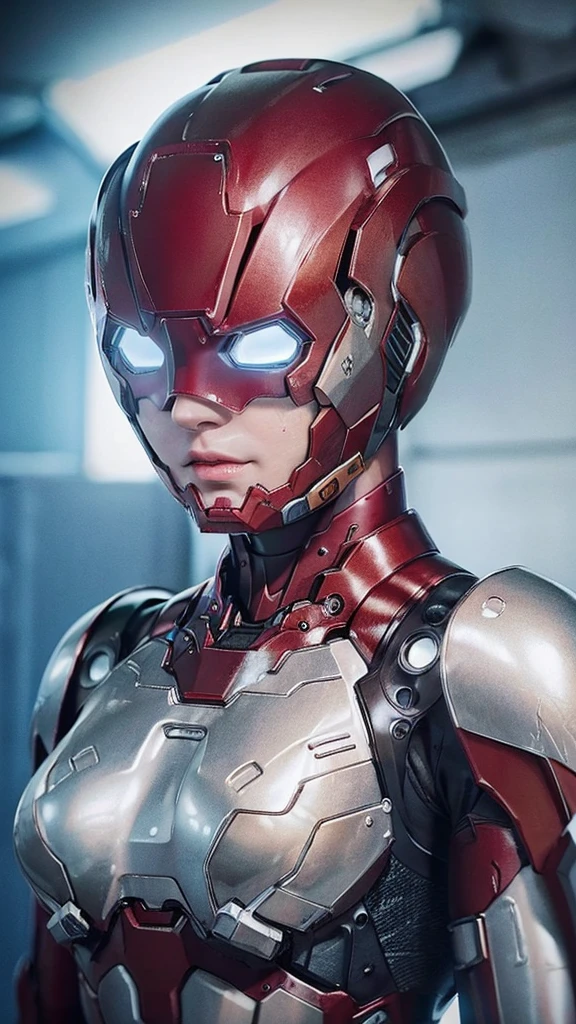 Highest quality 8k red armor Iron Man Suit Middle-aged women Sweaty face short hair Steam coming out of my head My hair is wet with sweat Black Hair ((Character Focus)) Full body portrait