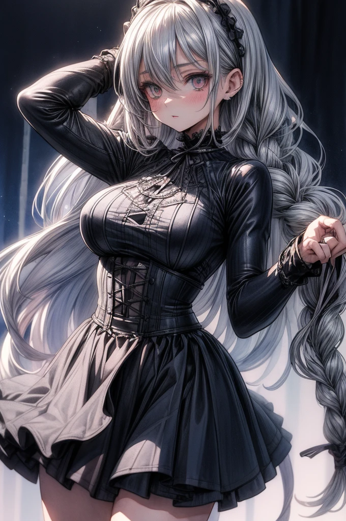 ((Sketch)), ((Watercolor)),((best quality)) ((best quality)), ((masterpiece)), (detailed), 4k image, anime style, beautiful adult woman, white braided silver hair, fit and trained physique, gothic mazi dress, modest sized breasts, slim curvy body, long slim legs, white eyes