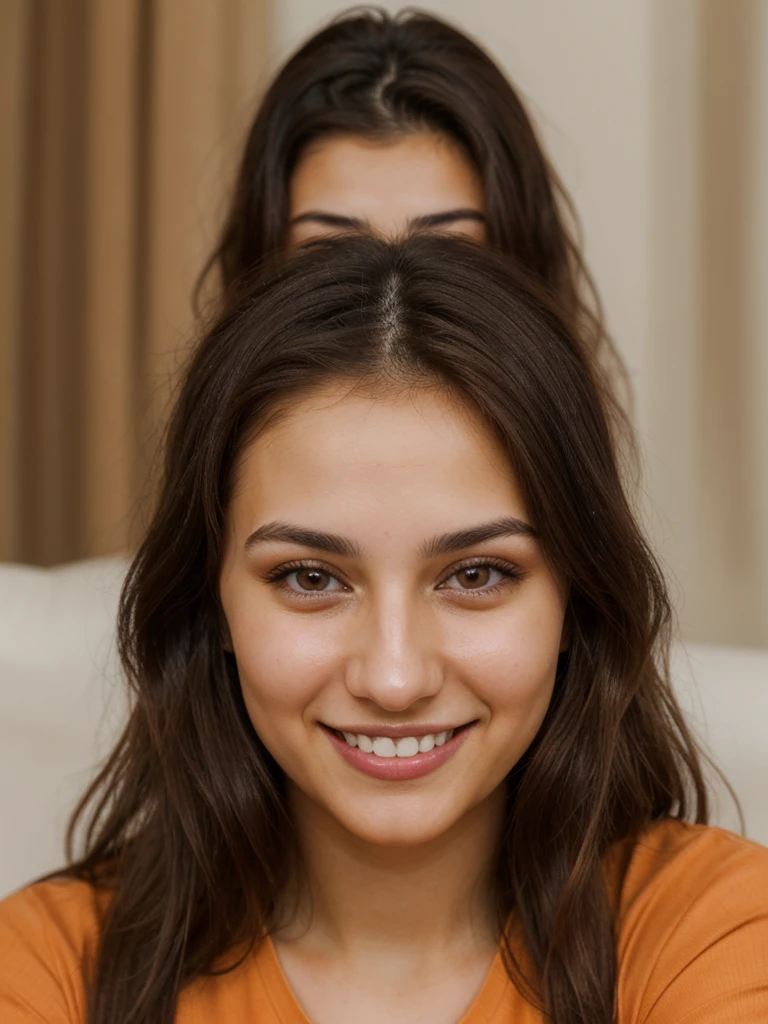 24YO, one half Russian half Jordanian women, cute smile, white teethes, long burnt orange shirt, light brown eyes, small nose, black/brown long hair