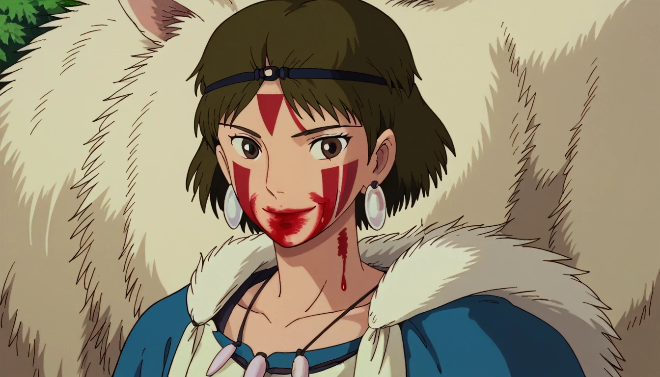 score_9, score_8_superior, score_7_superior, sauce_anime, anime coloring, PDXL, Ghibli Style, One girl, alone, View your viewers, smile, short hair, Brown Hair, Brown eyes, jewelry, Earrings, necklace, Blood, head band, Facial blemishes, Blood on face, Face Paint, fur,