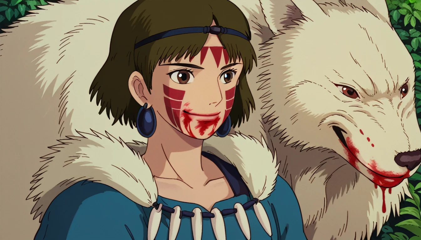 score_9, score_8_superior, score_7_superior, sauce_anime, anime coloring, PDXL, Ghibli Style, One girl, alone, View your viewers, smile, short hair, Brown Hair, Brown eyes, jewelry, Earrings, necklace, Blood, head band, Facial blemishes, Blood on face, Face Paint, fur,  