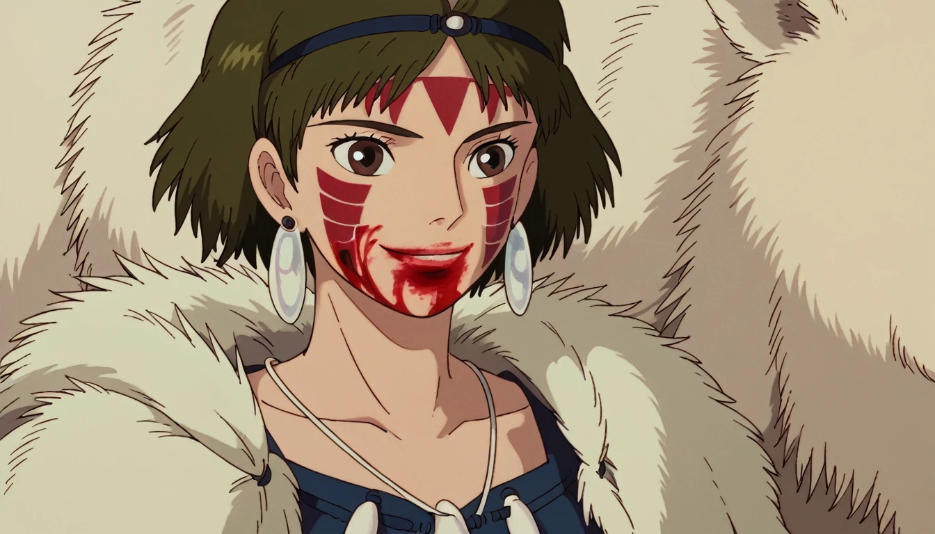 score_9, score_8_superior, score_7_superior, sauce_anime, anime coloring, PDXL, Ghibli Style, One girl, alone, View your viewers, smile, short hair, Brown Hair, Brown eyes, jewelry, Earrings, necklace, Blood, head band, Facial blemishes, Blood on face, Face Paint, fur,