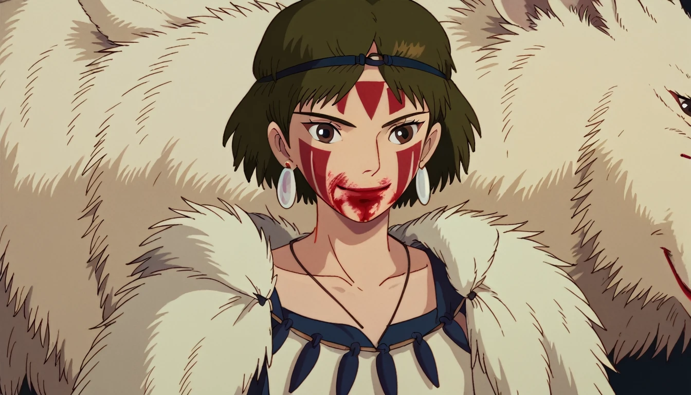 score_9, score_8_superior, score_7_superior, sauce_anime, anime coloring, PDXL, Ghibli Style, One girl, alone, View your viewers, smile, short hair, Brown Hair, Brown eyes, jewelry, Earrings, necklace, Blood, head band, Facial blemishes, Blood on face, Face Paint, fur,  