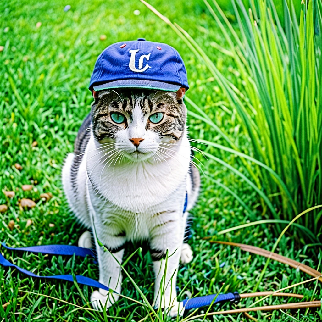 Photography of a cat with a blue cap, film grain, green grass landscape, F/8, ISO400, 85mm