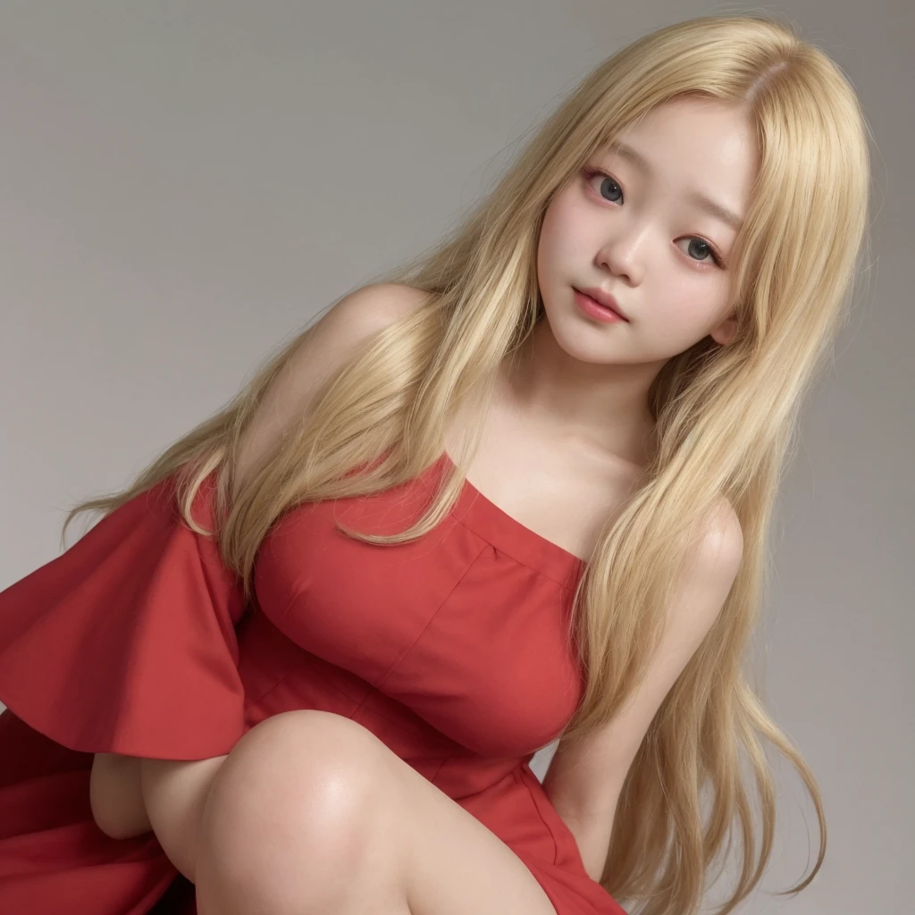 Wonyoung, blonde, simple background, red dress, 1girl, asian