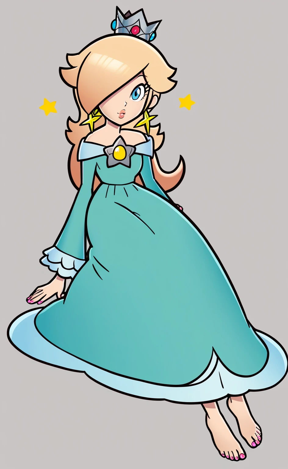 blonde hair, rosalina, 1girl, solo, dress, crown, blue eyes, star earrings, looking at viewer, sitting, barefoot, style parody, pink toenails 