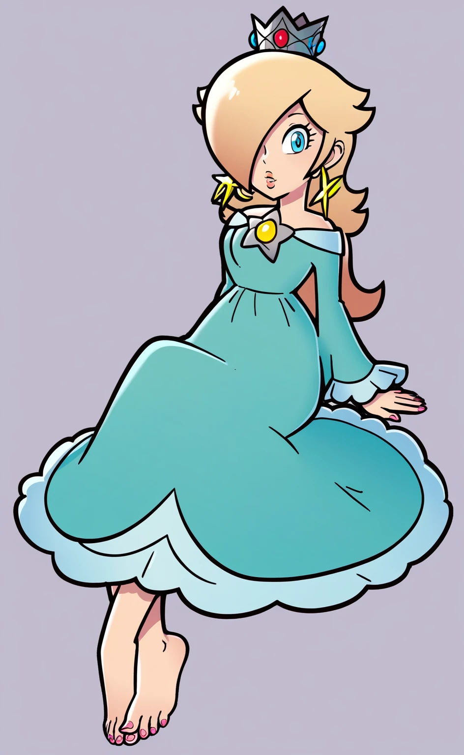 blonde hair, rosalina, 1girl, solo, dress, crown, blue eyes, star earrings, looking at viewer, sitting, barefoot, style parody, pink toenails 