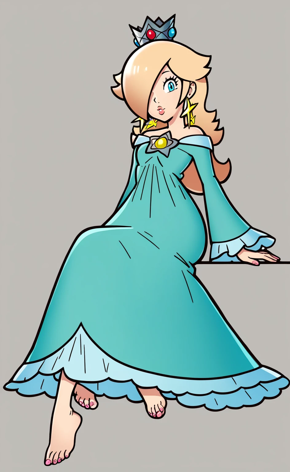 blonde hair, rosalina, 1girl, solo, dress, crown, blue eyes, star earrings, looking at viewer, sitting, barefoot, style parody, pink toenails 