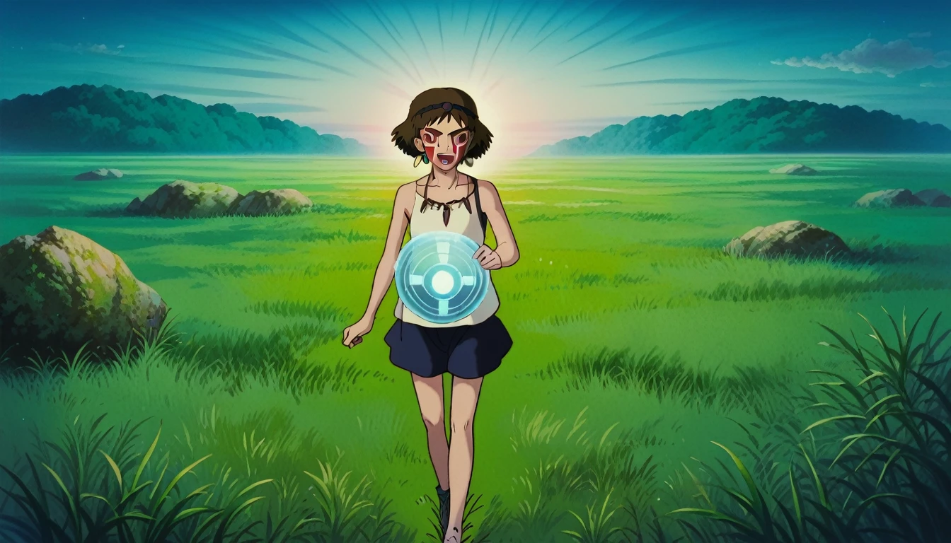 score_9, score_8_superior, score_7_superior, PDXL, Ghibli Style, One girl, alone, View your viewers, short hair, Open your mouth, Brown Hair, Brown eyes, jewelry, Earrings, necklace, Bare arms, night, head band, Facial blemishes, Grass, Face Paint holo,1girl,Floating body, solo,loli3,best quality, ultra detailed, highres, 4k, extremely detailed CG, detailed skin,photo background photo \(object\),The holographic figurine of the girl, delicately placed on the table, seems to hover effortlessly in the air, (almost ethereal in its transparency:1.2). Soft, faint shadows dance around her, accentuating the illusion of weightlessness. The hologram emits a subtle, otherworldly glow, reflecting and refracting light in mesmerizing patterns. In front of her, barely perceptible ripples create a sense of depth, enhancing the ethereal quality of the hologram. Despite its transparency, the hologram retains a lifelike quality, evoking a sense of wonder and magic,transparentbody,(Invisible body:1.2),(permeation through the human body:1.2),Blue hologram,(Translucent Blue hologram body:1.2),