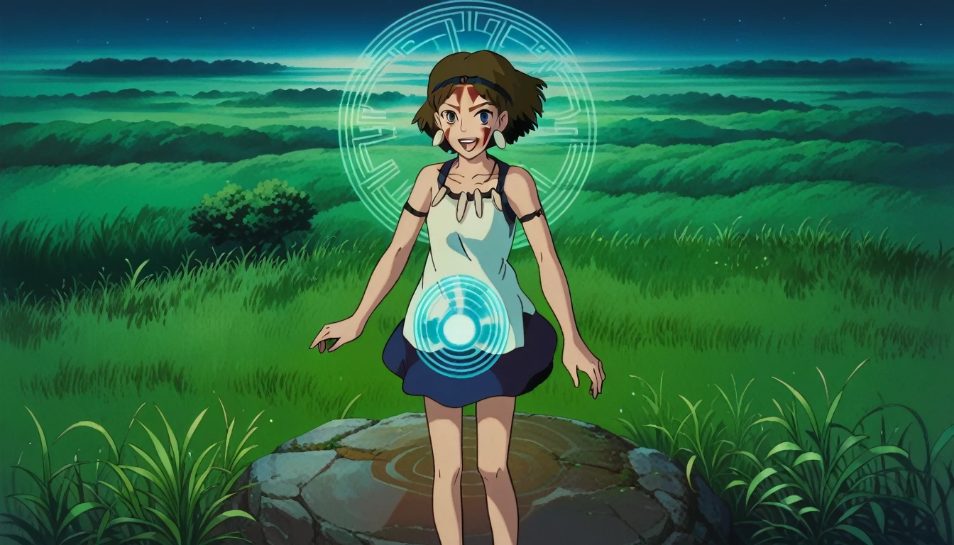 score_9, score_8_superior, score_7_superior, PDXL, Ghibli Style, One girl, alone, View your viewers, short hair, Open your mouth, Brown Hair, Brown eyes, jewelry, Earrings, necklace, Bare arms, night, head band, Facial blemishes, Grass, Face Paint holo,1girl,Floating body, solo,loli3,best quality, ultra detailed, highres, 4k, extremely detailed CG, detailed skin,photo background photo \(object\),The holographic figurine of the girl, delicately placed on the table, seems to hover effortlessly in the air, (almost ethereal in its transparency:1.2). Soft, faint shadows dance around her, accentuating the illusion of weightlessness. The hologram emits a subtle, otherworldly glow, reflecting and refracting light in mesmerizing patterns. In front of her, barely perceptible ripples create a sense of depth, enhancing the ethereal quality of the hologram. Despite its transparency, the hologram retains a lifelike quality, evoking a sense of wonder and magic,transparentbody,(Invisible body:1.2),(permeation through the human body:1.2),Blue hologram,(Translucent Blue hologram body:1.2),
