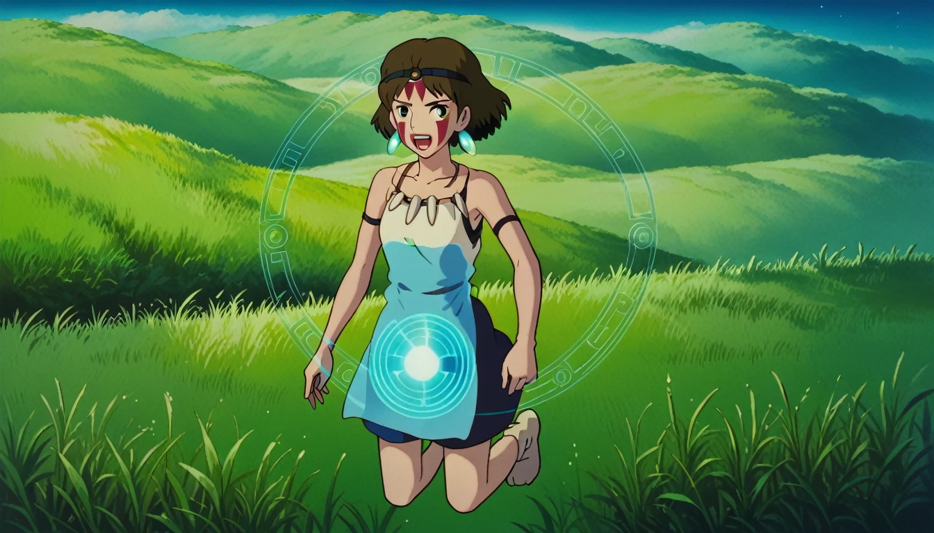 score_9, score_8_superior, score_7_superior, PDXL, Ghibli Style, One girl, alone, View your viewers, short hair, Open your mouth, Brown Hair, Brown eyes, jewelry, Earrings, necklace, Bare arms, night, head band, Facial blemishes, Grass, Face Paint　holo,1girl,Floating body, solo,loli3,best quality, ultra detailed, highres, 4k, extremely detailed CG, detailed skin,photo background photo \(object\),The holographic figurine of the girl, delicately placed on the table, seems to hover effortlessly in the air, (almost ethereal in its transparency:1.2). Soft, faint shadows dance around her, accentuating the illusion of weightlessness. The hologram emits a subtle, otherworldly glow, reflecting and refracting light in mesmerizing patterns. In front of her, barely perceptible ripples create a sense of depth, enhancing the ethereal quality of the hologram. Despite its transparency, the hologram retains a lifelike quality, evoking a sense of wonder and magic,transparentbody,(Invisible body:1.2),(permeation through the human body:1.2),Blue hologram,(Translucent Blue hologram body:1.2), 
