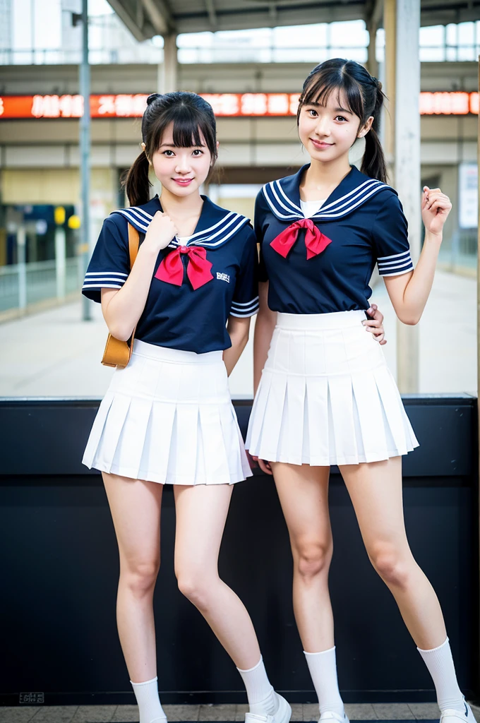 2 girls standing in Japanese railway station,short-sleeved white sailor leotard with navy blue skirt frills,red bow tie,school bags,18-year-old,bangs,a little smile,large bare thighs,knees,legs apart,short hair with low pigtails,from before,front light
