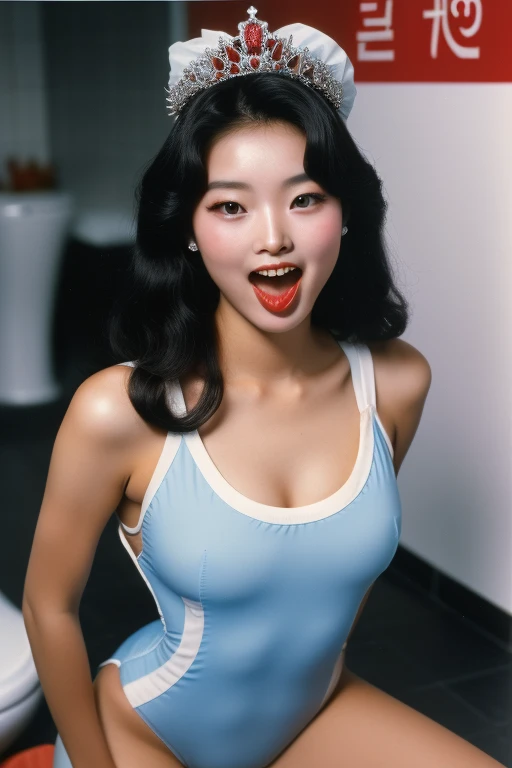 Seoul, 1982, A young korean beautiful girl, 22-year-old, sexy girl, strikingly beautiful, black hair, big breasts, delicate facial features, porcelain skin, red lips, expressive eyes, ((awe and joy expression)), a prizewinner in a beauty contest, miss korea, (Miss Korea light-blue one-piece Swimsuit), wearing miss korea sash, ((hairstyle of the 1980s)),(pin up style), There was a lot of hair on her pussy, girl squatting on the floor, open legs in an M shape, lift hands and behind head, from front, (((open mouth and tongue out))),in the shabby and dark men's toilet,