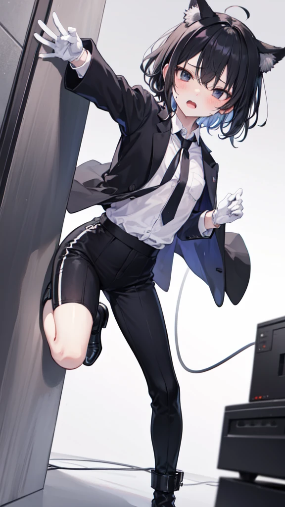 18-year-old Shota，cute，Wear a white long-sleeved shirt and a black work tie，Wear black pants，Wear black booties，Wear white gloves，wear cat ear，Black hair，Black eyes，Very thin legs，The waist is very thin，blush，sweat，Fear，Unwilling，comfortable，Open mouth and roll eyes，porn