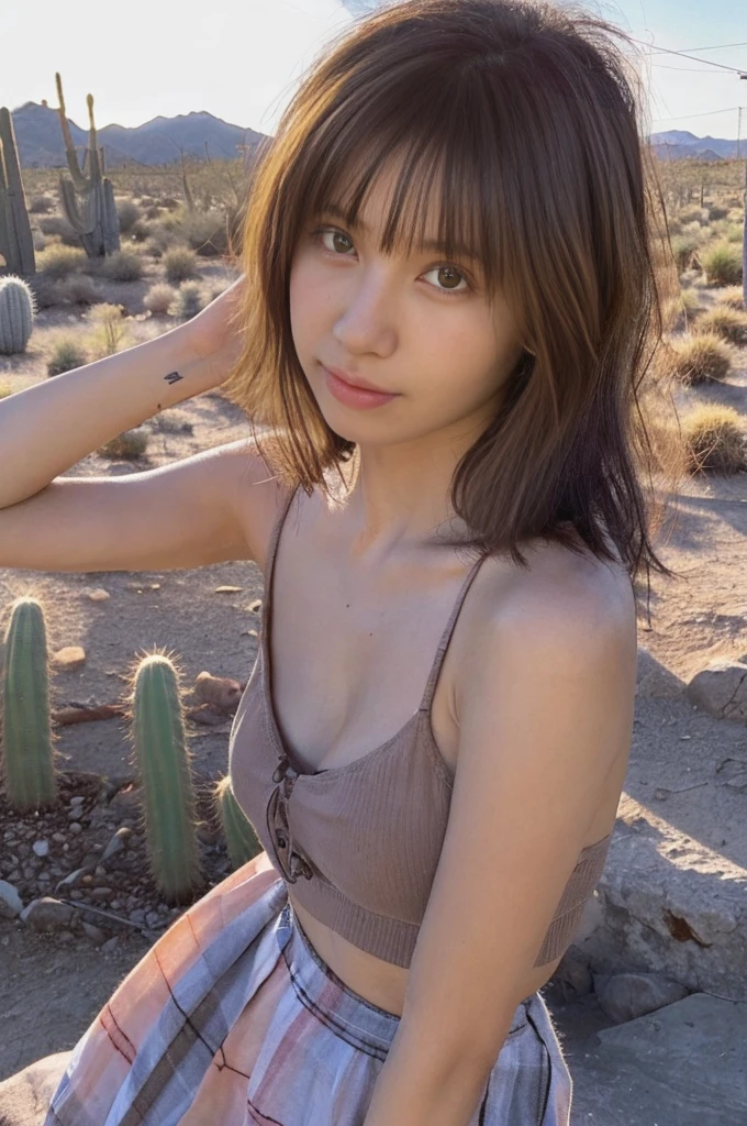 ((Highest quality)),((masterpiece)),((so beautiful)), Unique light and shadow, One Girl, Messy Hair, Realistic skin texture, rugged desert, Cactus, Feminine pose