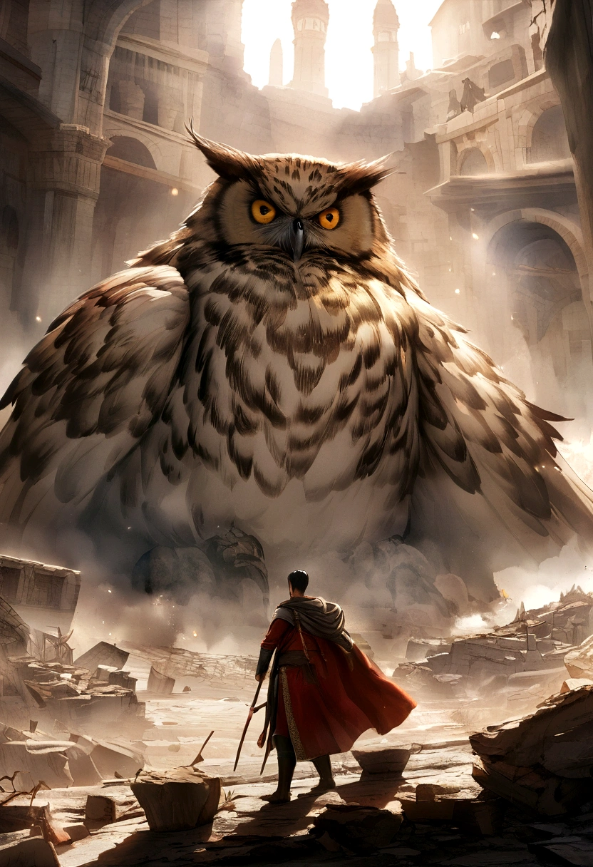 A scene from the Last Judgment，Huge owls stand in the ruins of the old castle，Collapsed buildings，Blocos de entulho，brilho de fogo，dense smoke，water face，imagem invertida，sharp focus，bokeh，profundidade de campos，Obras de mestres，superfino，hiper-realista，8K，melhor qualidade de imagem，Detailed Description，luz，Cinematic perspective