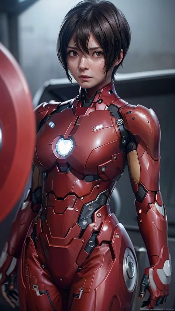 Highest quality　8k red armor　Iron Man Suit　Middle-aged women　　Sweaty face　　short hair　　Steam coming out of my head　My hair is wet with sweat　Black Hair　((Character Focus))　　Full body portrait　