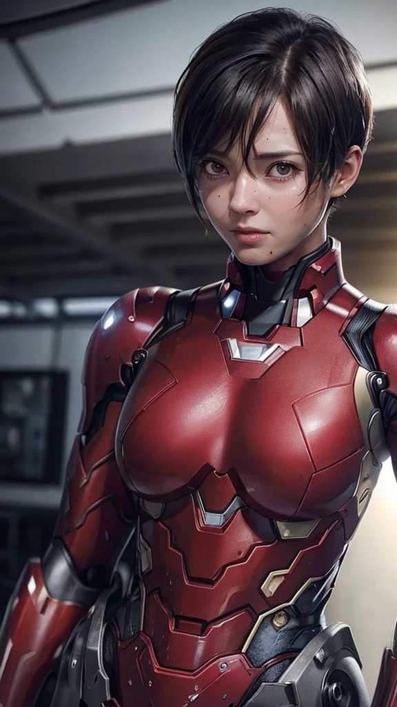 Highest quality　8k red armor　Iron Man Suit　Middle-aged women　　Sweaty face　　short hair　　Steam coming out of my head　My hair is wet with sweat　Black Hair　((Character Focus))　　Full body portrait　