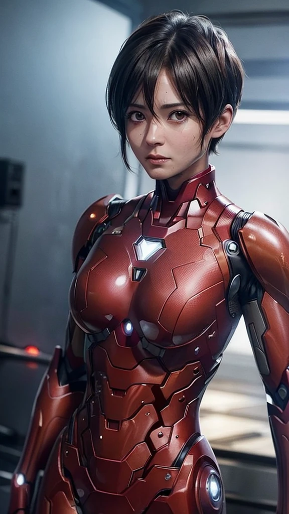 Highest quality　8k red armor　Iron Man Suit　Middle-aged women　　Sweaty face　　short hair　　Steam coming out of my head　My hair is wet with sweat　Black Hair　((Character Focus))　　Full body portrait　