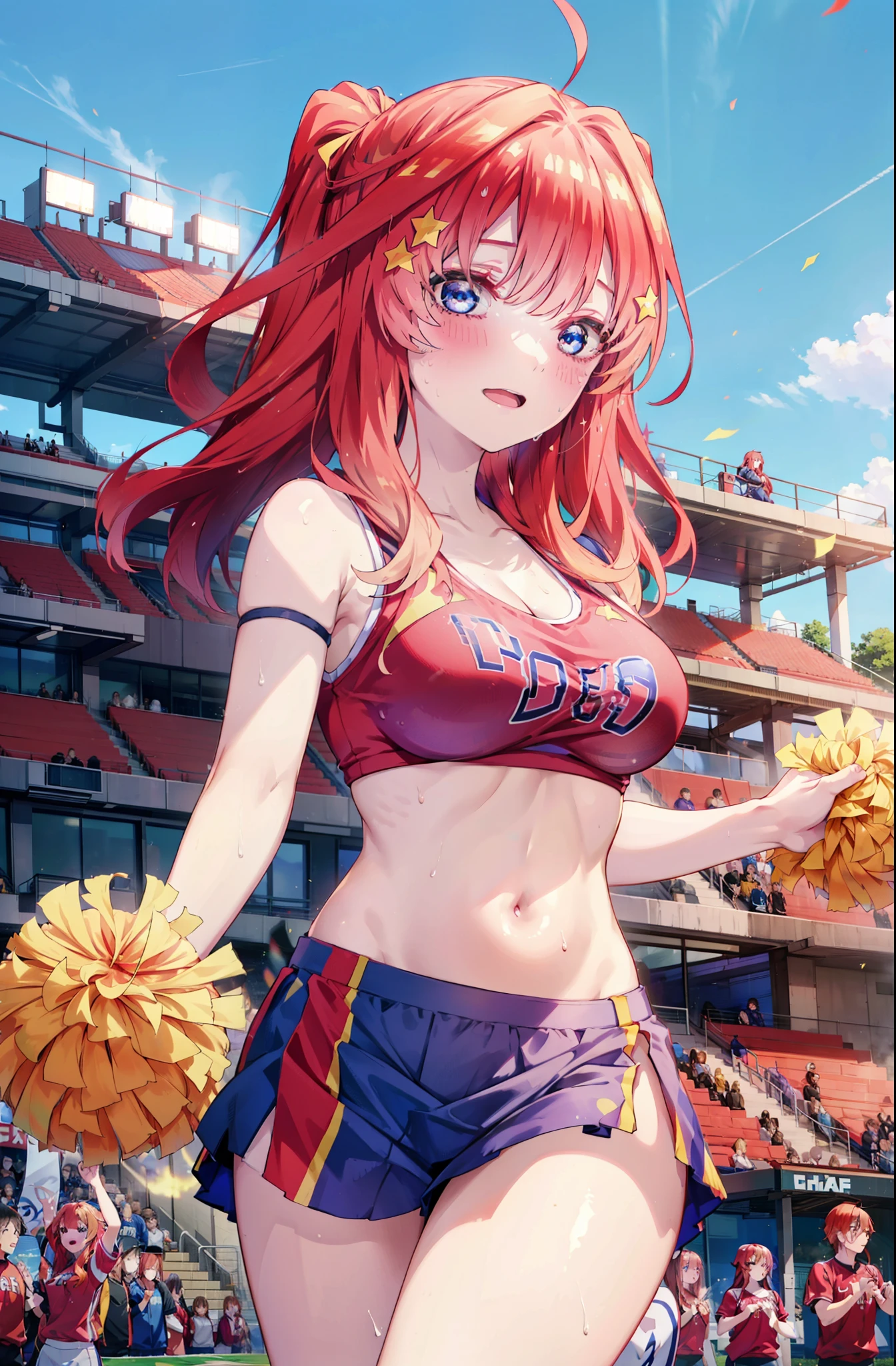 itsukinakano, Itsuki Nakano, bangs, blue eyes, hair between eyes, Ahoge, Redhead, star \(symbol\), happy smile, smile, Open your mouth,hair ornaments, star hair ornaments,(cheer leading), (whole body), Big Breasts, Lower, (Sweaty), Sweaty Wet Clothes (Red clothes),  No sleeve,Belly button support, playground, (Jump), (Jump), 足を曲げてJumpする, air, blue sky, Grass原, smileのチアリーダー, Pom-pom \(cheer leading\), Grass, whole bodyがイラストに入るように,crowd, people々々,
break outdoors, Stadium,
break looking at viewer, whole body,
break (masterpiece:1.2), Highest quality, High resolution, unity 8k wallpaper, (shape:0.8), (Fine and beautiful eyes:1.6), Highly detailed face, Perfect lighting, Highly detailed CG, (Perfect hands, Perfect Anatomy),