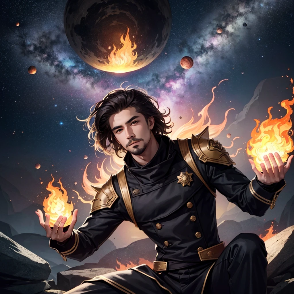 Draw a young programmer, sitting on a research platform floating in the middle of an asteroid belt. He is studying with a notebook, surrounded by several asteroids glowing with fiery auras. Dramatic lighting from distant stars and planets illuminates the scene, casting deep shadows on the suit. The young man looks confident and determined, looking at the vast and mysterious universe with wonder and respect,facial hair, cowboy shot,
