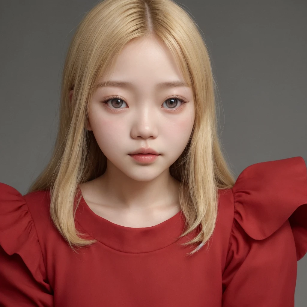Wonyoung, blonde, simple background, red dress, 1girl, asian, portrait