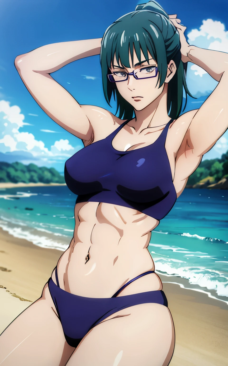 Maki Zenin, blue bikini, curved, dark green hair, well proportioned, muscular, large thighs, medium chest. purple glasses, beach background, arms up, armpits visible