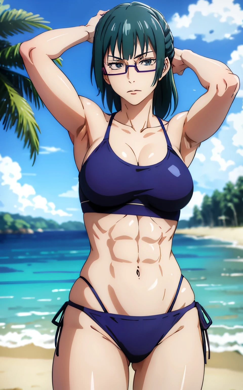 Maki Zenin, blue bikini, curved, dark green hair, well proportioned, muscular, large thighs, medium chest. purple glasses, beach background, arms up, armpits visible