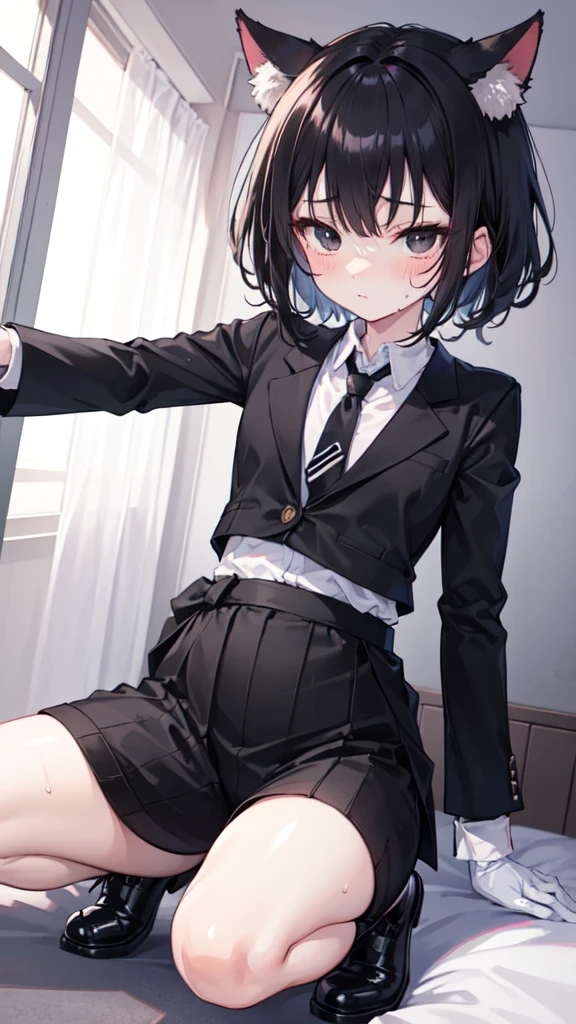 18-year-old Shota,cute,Wear a white long-sleeved shirt and a black work tie,Wear black pants,Wear black booties,Wear white gloves,wear cat ear,Black hair,Black eyes,Very thin legs,The waist is very thin,blush,sweat,Fear,Unwilling,comfortable,Being sexually assaulted,porn