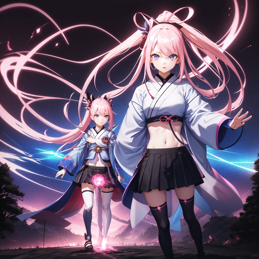 1girl, japanese clothes, ponytail ,pink hair, open forehead, blue eyes, magic circle, blue fire, blue flames, wallpaper, landscape, blood, blood splatter, depth of field, night, light particles, light rays, sidelighting, thighs, fate \(series\), genshin impact, ****, open jacket, skirt, thighhighs, cloud