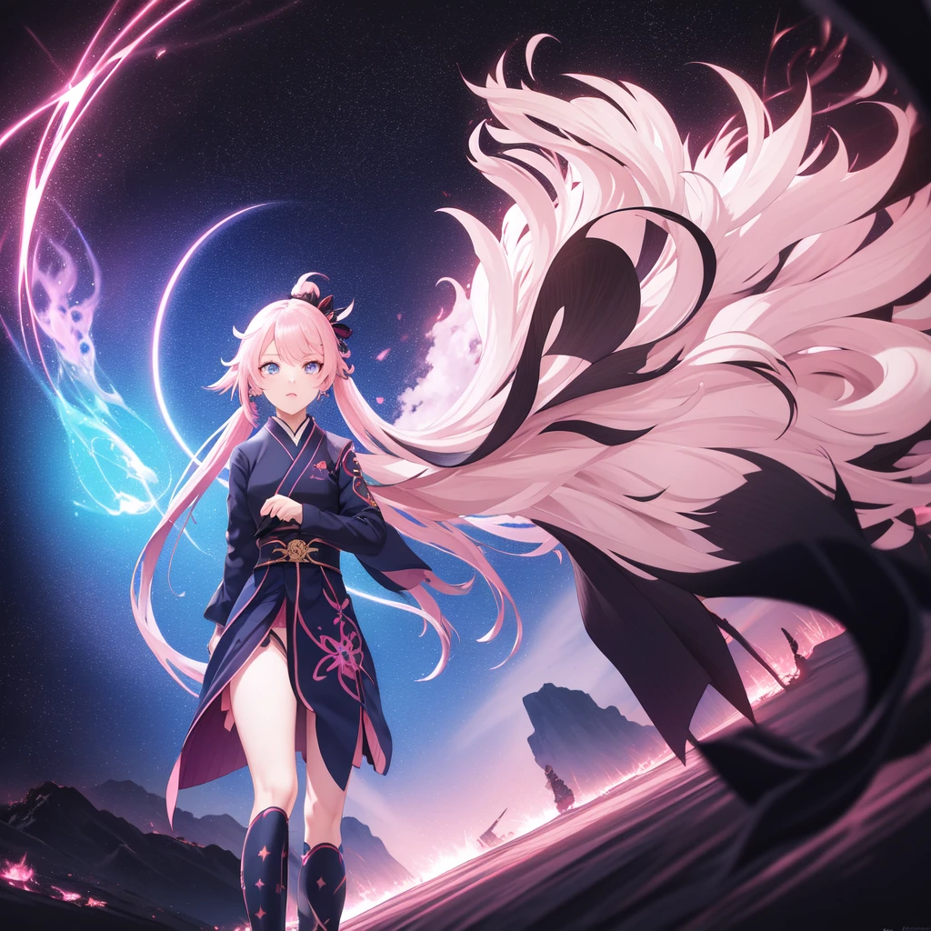 1girl, japanese clothes, ponytail ,pink hair, open forehead, blue eyes, magic circle, blue fire, blue flames, wallpaper, landscape, blood, blood splatter, depth of field, night, light particles, light rays, sidelighting, thighs, fate \(series\), genshin impact, ****, open jacket, skirt, thighhighs, cloud