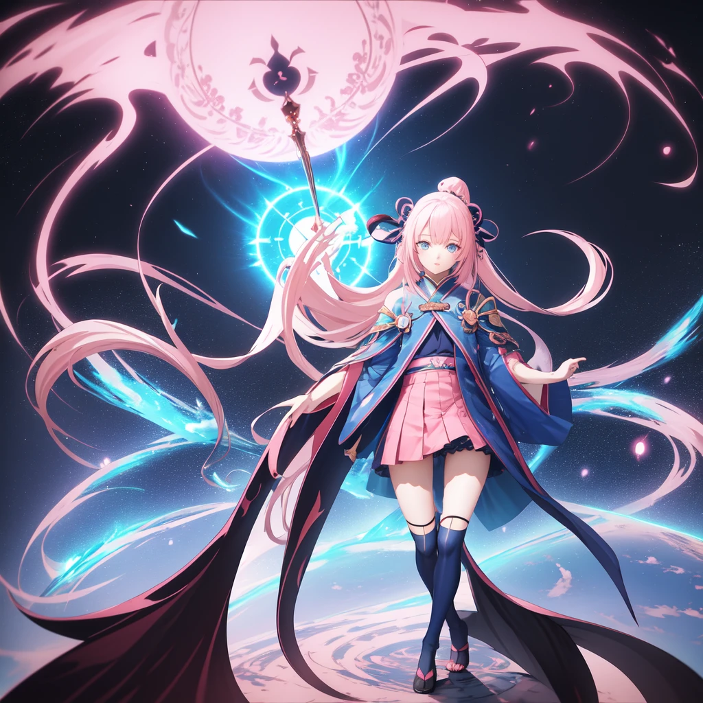 1girl, japanese clothes, ponytail ,pink hair, open forehead, blue eyes, magic circle, blue fire, blue flames, wallpaper, landscape, blood, blood splatter, depth of field, night, light particles, light rays, sidelighting, thighs, fate \(series\), genshin impact, ****, open jacket, skirt, thighhighs, cloud