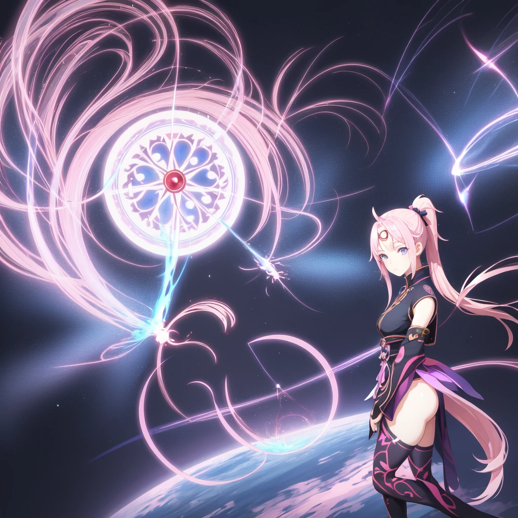 1girl, japanese clothes, ponytail ,pink hair, open forehead, blue eyes, magic circle, blue fire, blue flames, wallpaper, landscape, blood, blood splatter, depth of field, night, light particles, light rays, sidelighting, thighs, fate \(series\), genshin impact, ****, open jacket, skirt, thighhighs, cloud