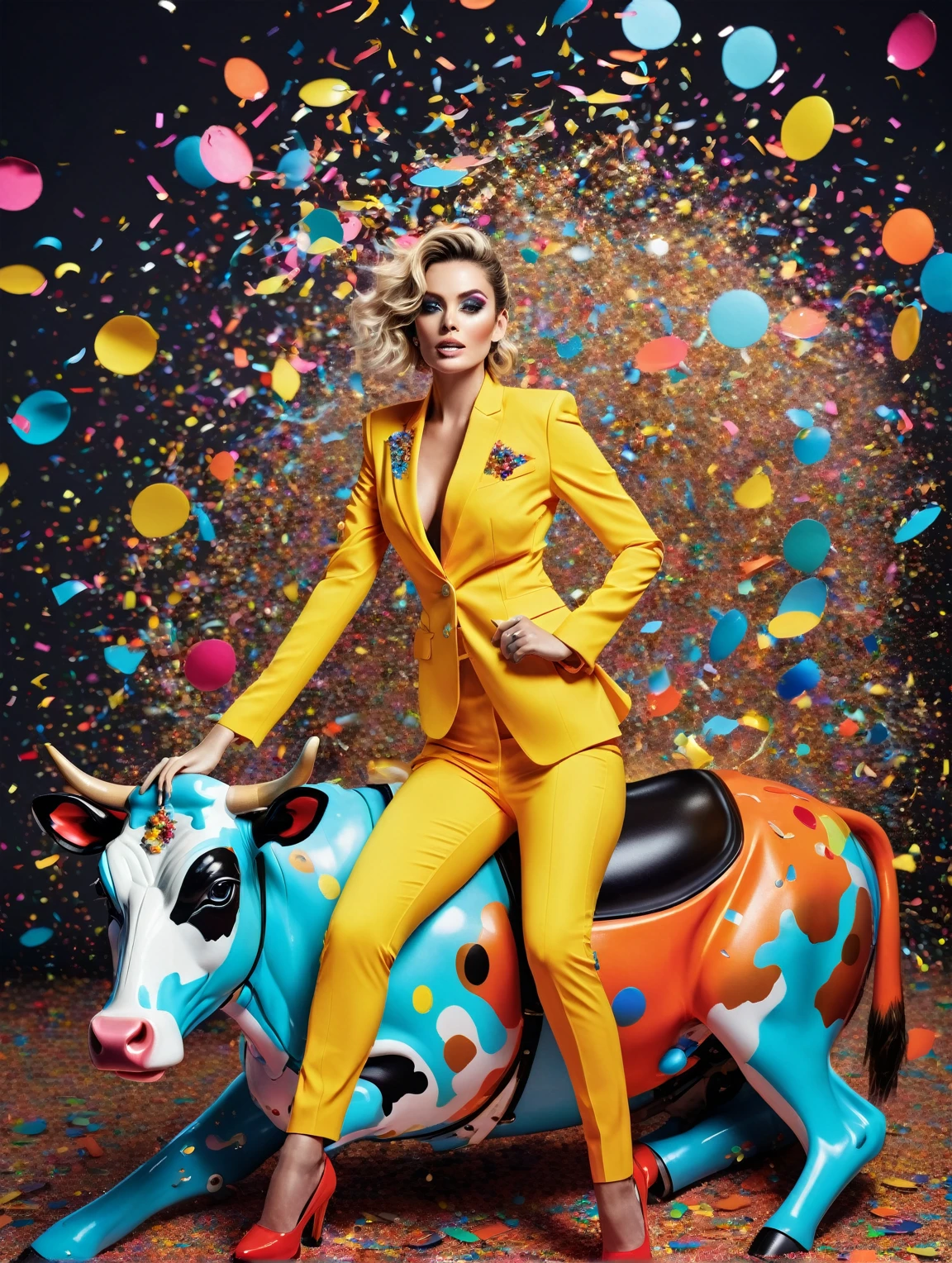 An editorial glamour model, nano suit in bright colour, posing riding a mechanical wodden cow, glittering whirlpool of confetti behind her, magazine cover style quality picture.