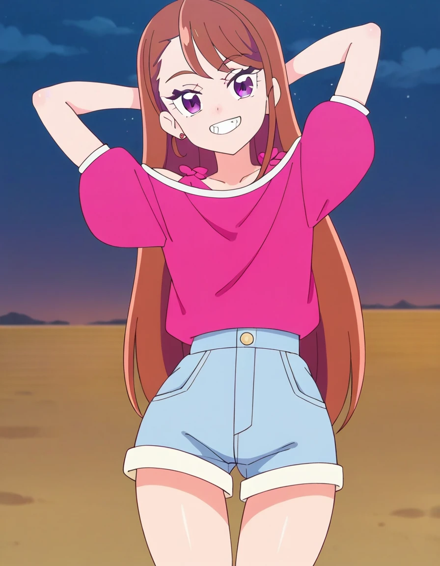 hijiri ageha, brown hair, long hair, purple eyes, shiny skin,
pink shirt, off-shoulder shirt, puffy short sleeves, denim shorts, high quality, solo, 1girl, night sky, beach, arms behind head, (contrapposto), closed mouth, spread armpits, (cowboy shot:1.5), looking at viewer, smile, best quality, grin,