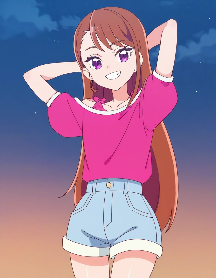 hijiri ageha, brown hair, long hair, purple eyes, shiny skin,
pink shirt, off-shoulder shirt, puffy short sleeves, denim shorts, high quality, solo, 1girl, night sky, beach, arms behind head, (contrapposto), closed mouth, spread armpits, (cowboy shot:1.5), looking at viewer, smile, best quality, grin,