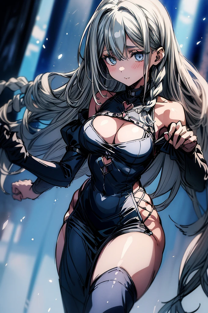 ((Sketch)), ((Watercolor)),((best quality)) ((best quality)), ((masterpiece)), (detailed), 4k image, anime style, beautiful adult woman, white braided silver hair, fit and trained physique, gothic mazi dress, modest sized breasts, slim curvy body, long slim legs, white eyes