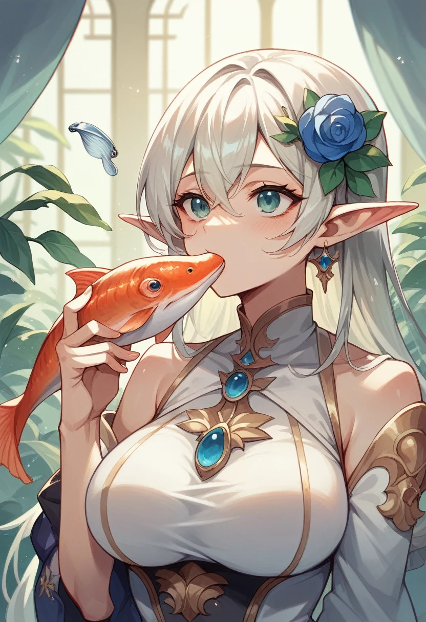 ((Highest quality)), ((masterpiece)), In front of an old Taiyaki shop,An elf girl wearing a white dress is holding a taiyaki, a fish-shaped snack, in her mouth with both hands.,