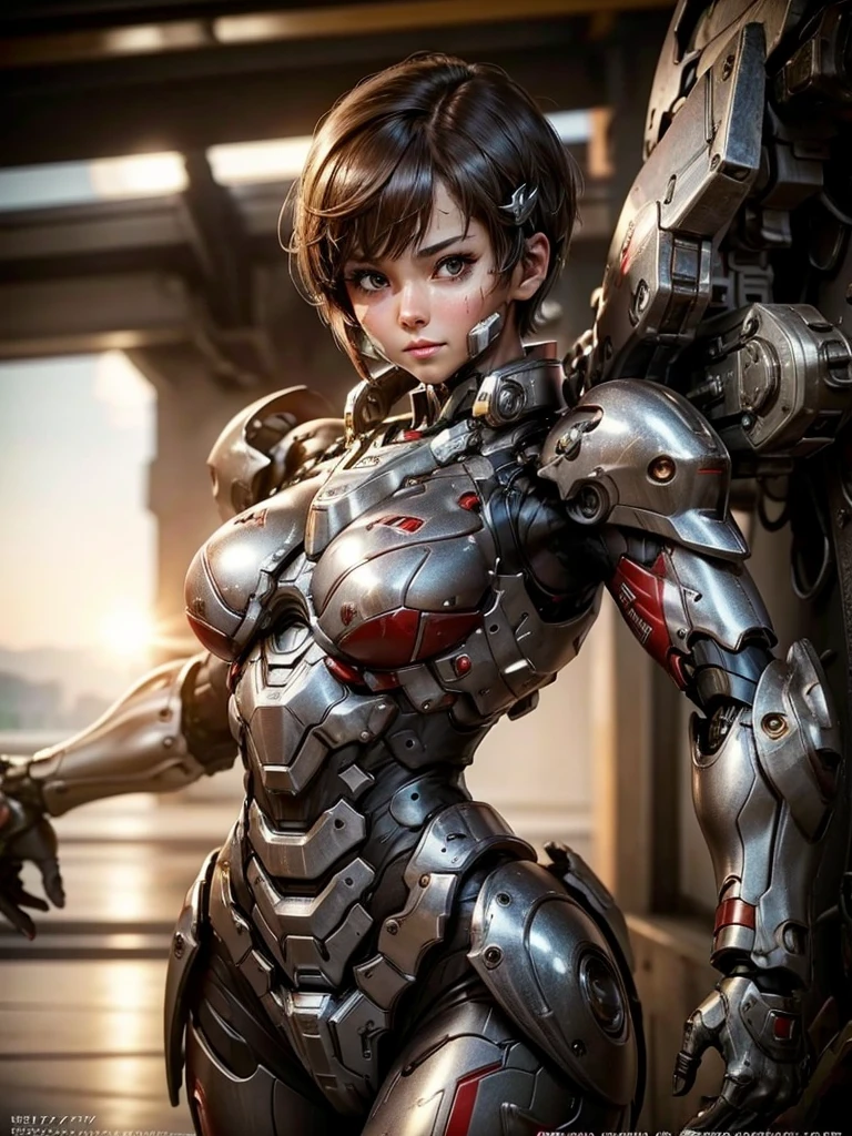 Linda mulher, corpo inteiro, vestindo armadura estilo master chef, doom, warhammer 40.000 lindo e decotado, corpo escultural, usando mecha de metal desgastado, vermelho e branco, alien battlefield,