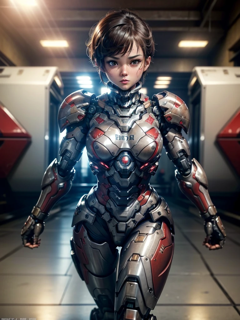 Textured skin, Super detailed, Attention to detail, high quality, 最high quality, High resolution, 1080p, hard disk, beautiful,(War Machine),beautifulサイボーグ女性,Shining red mecha cyborg girl,Very short hair、Sweaty brown eyes、Sexy Eyes、Laughter Embarrassed expression Open your mouth Watery eyes Junior high school girl (Full Body Shot)Looks spicy (Limits of patience) look up Direct sunlight