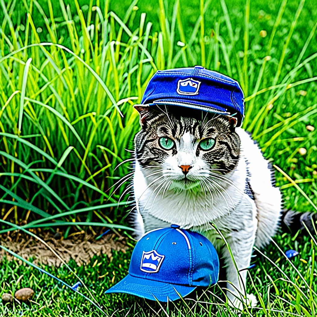 Photography of a cat with a blue cap. Photo with film grain, at a green grass landscape, photo taken by a professional camera with this settings F8, ISO400, 100mm