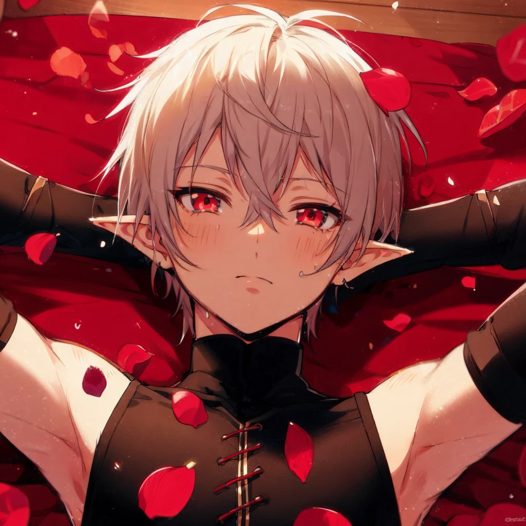 A boy elf with white Hair, And Red Eyes.