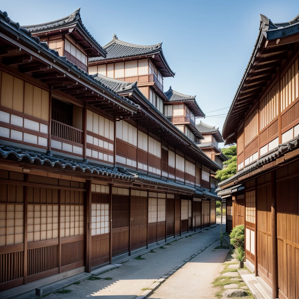 melhor qualidade, ((Obra de arte)),8k,a city in japan, ((com uma arquitetura tradicional japonesa e casas vermelhas)) a cidade se mistura com o ambiente ao seu redor 