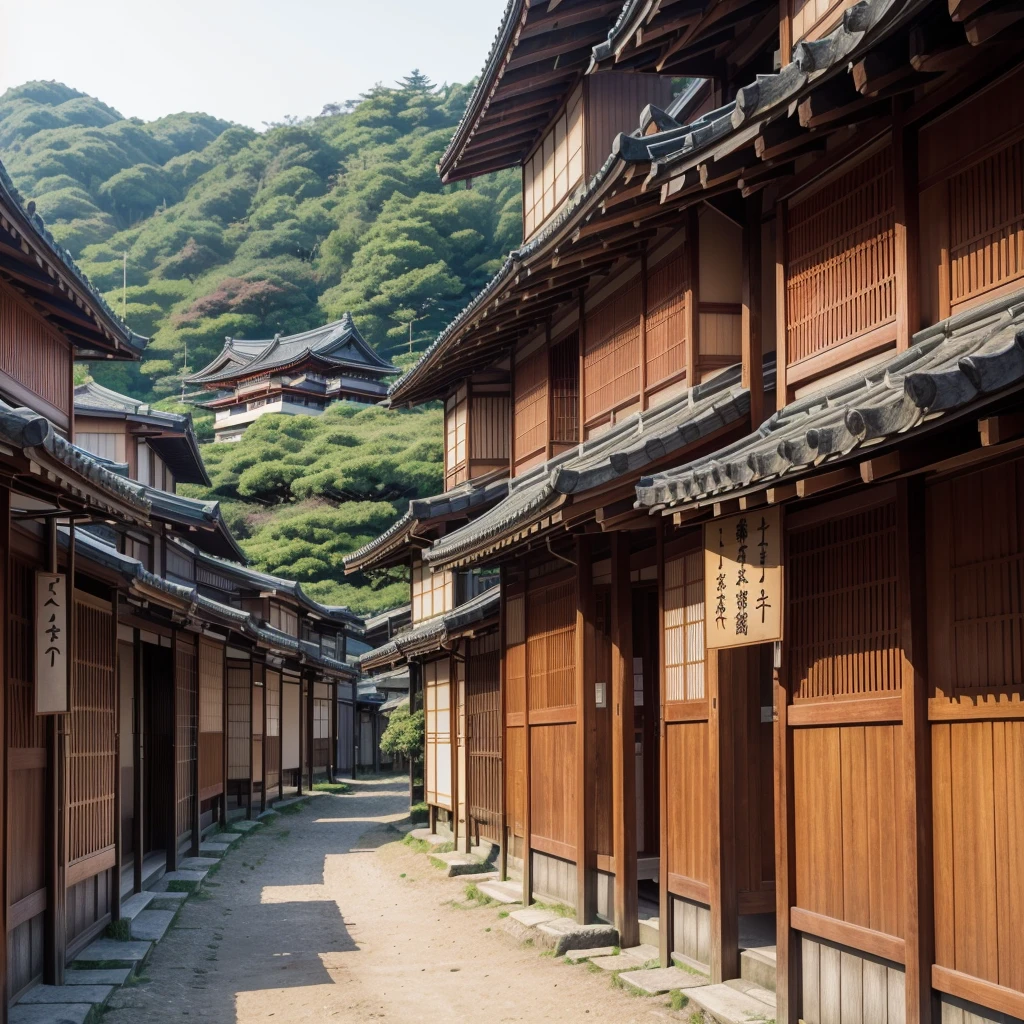 melhor qualidade, ((Obra de arte)),8k,a city in japan, ((com uma arquitetura tradicional japonesa e casas vermelhas)) a cidade se mistura com o ambiente ao seu redor 