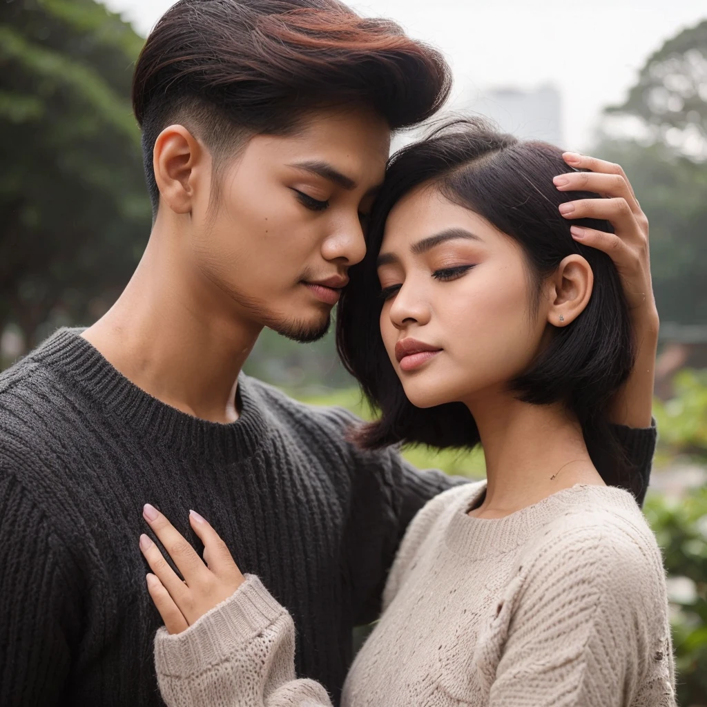 full body, seorang pemuda lelaki indonesia tampan berambut comb over hairstyle , sedang mengelus elus di kepala pacarnya yg berambut pendek mengalir kena sampai bahu. seakan akan menyayangi pacarnya yang sangat cantik, wajah kelihatan sangat jelas,wanita tersebut memakai pakaian sweter yang sopan, dan memeluk lelaki tersebut, seakan akan meraka ingin berpisah, background di sebuah taman yg indah, suasana sangat cerah dingin, gambar sangat jelas,nyata, realistis 16k