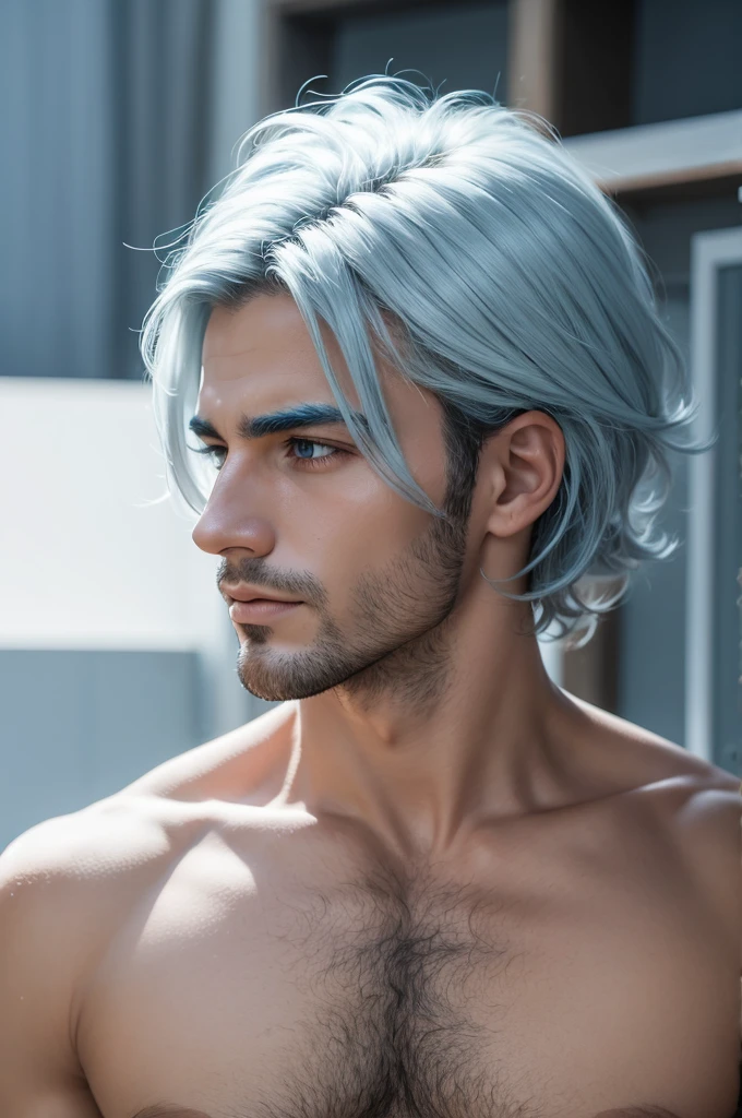 Um homem com cabelo branco e olhos azul sem camisa