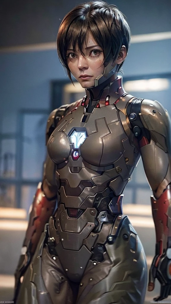 Highest quality　8k red armor　Iron Man Suit　Middle-aged women　　Sweaty face　　short hair　　Steam coming out of my head　My hair is wet with sweat　Black Hair　((Character Focus))　　Full body portrait　