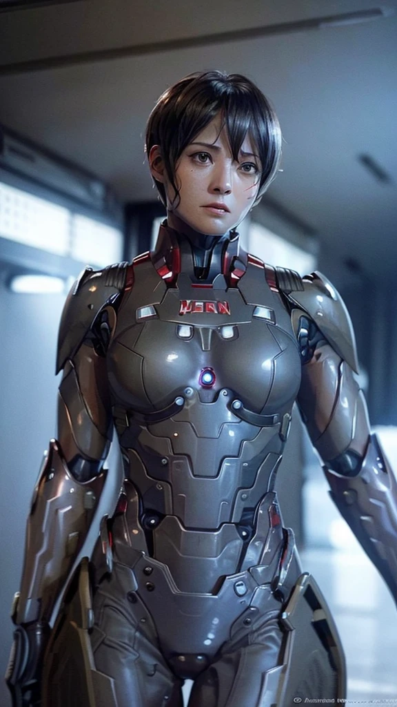 Highest quality　8k red armor　Iron Man Suit　Middle-aged women　　Sweaty face　　short hair　　Steam coming out of my head　My hair is wet with sweat　Black Hair　((Character Focus))　　Full body portrait　